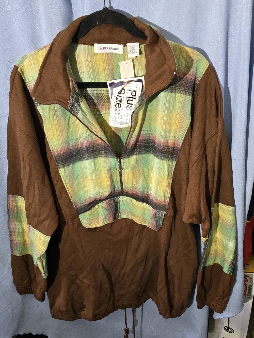 Lauren Brooke Brown Pullover with Green-Yellow Plaid Accents